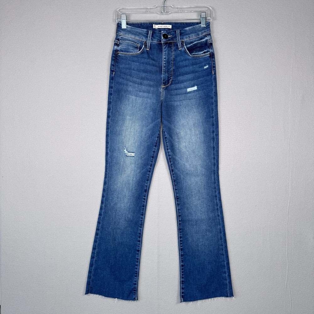 Whetherly Charlie‎ High Rise Kick Flare Jeans 24 Medium Wash Raw Hem Distressed